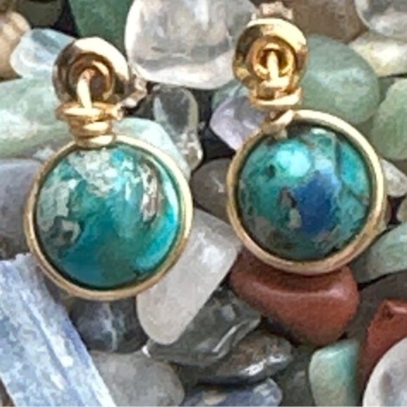 Turquoise handcrafted studs  gold halo/ protection and peace turquoise - Picture 1 of 9